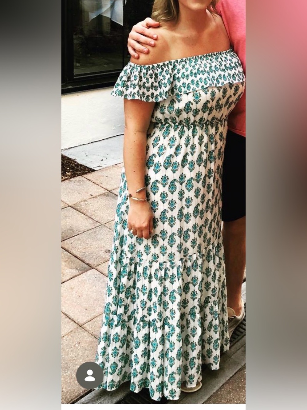 Club Monaco Teal and Cream Off-Shoulder Maxi Dress, size 8